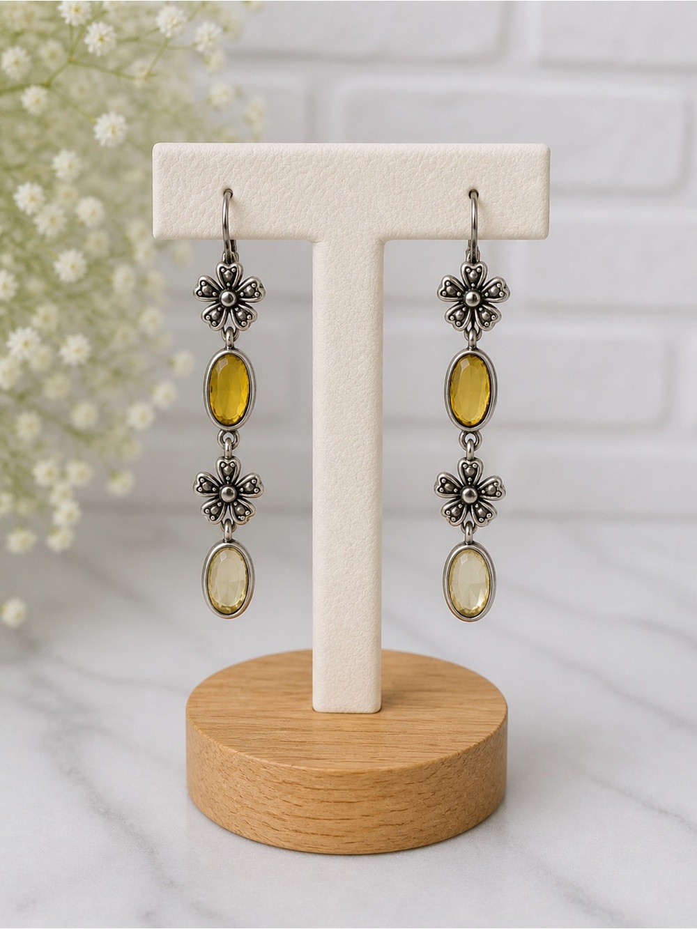 Silver Floral Drop Earrings Yellow Stone Vintage Boho Statement